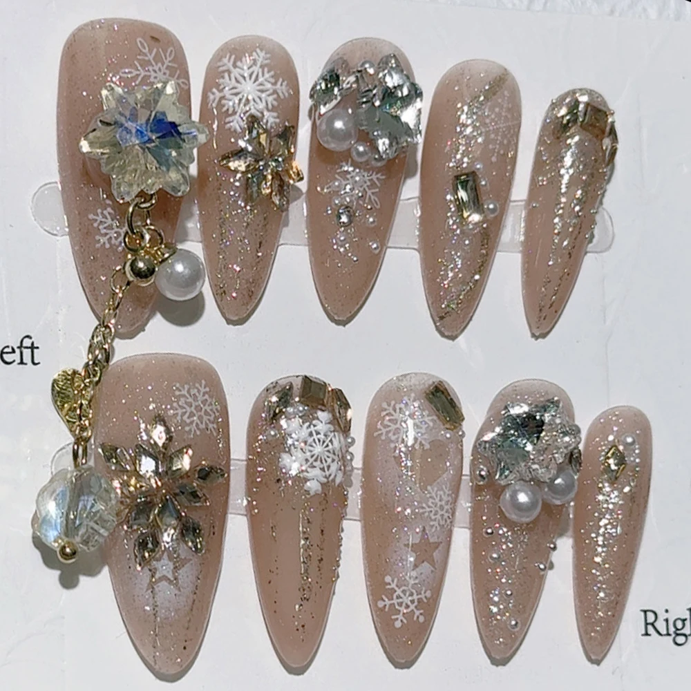 10Pcs Spicy Girl Handmade Long Coffin Luxury Glitter Fake Nails Diy Hand Painted Butterfly Pearl Artifical Nail Party Stickers