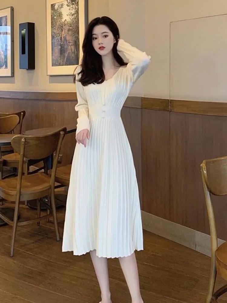 Jmprs Elegant Knitted Long Dress Women Fashion Slim Sweet Long Sleeve Dress Korean V Neck Simple Solid Casual Lady A Line Dress