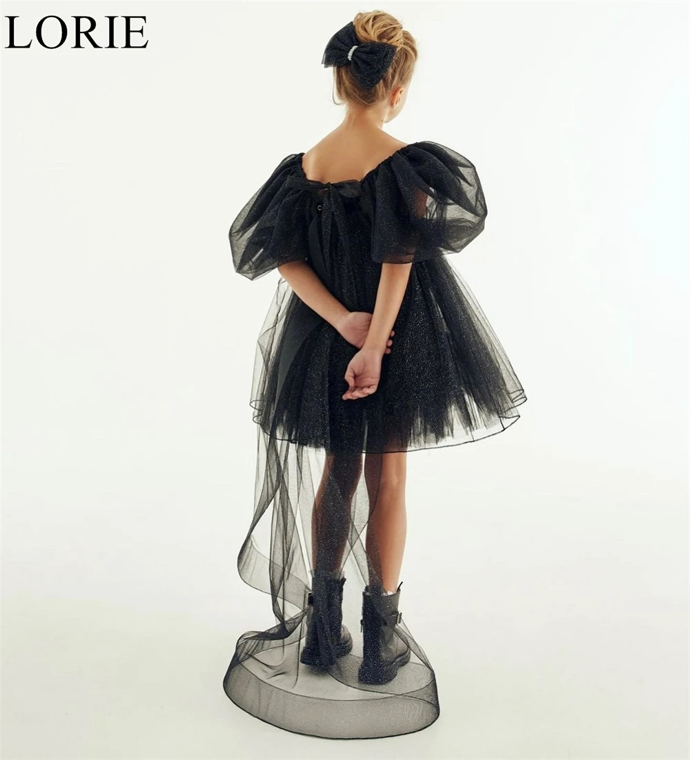 LORIE Cute Glitter Black Flower Girl Dress Square Neck Pleated A-Line Ribbon Puff Sleeves 2025 Sparkly Birthday Dress Customized