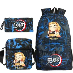 Demon Slayer Rengoku Kyoujurou mochila para comer comida para niños y niñas, bolsa de Anime, No Yaiba Kimetsu, mochilas escolares, Juego de 3 piezas