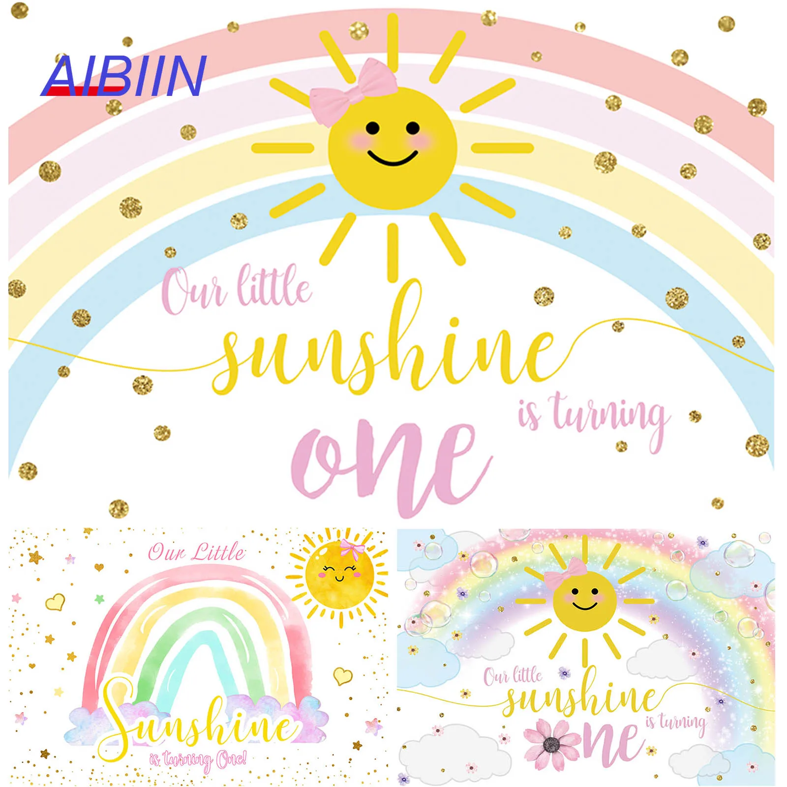 

AIBIIN Rainbow Birthday Backdrop Sunshine Girls 1 Year Baby Party Decoration, Kids Portrait Cake Table Photography Background