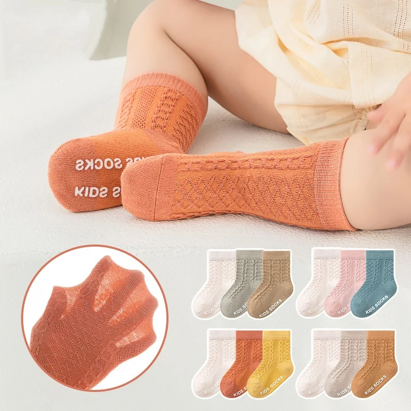 3Pairs/lot Kids Socks For Girls Boys Spring Summer Thin Soild Socks For Newborn Children\'s Cotton Mesh Non-slip Floor Sock 0-5Y