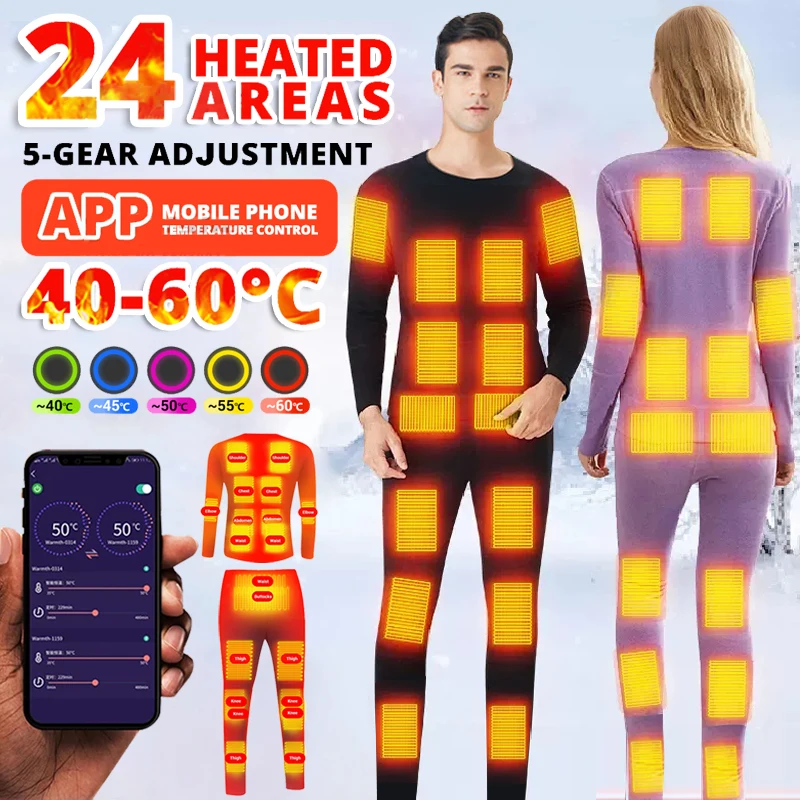 

24 Area APP control Heated Jacket Thermal Underwear Women Men Ski Suit USB Electric Heated Clothing Shirt Winter Fishing Hiking