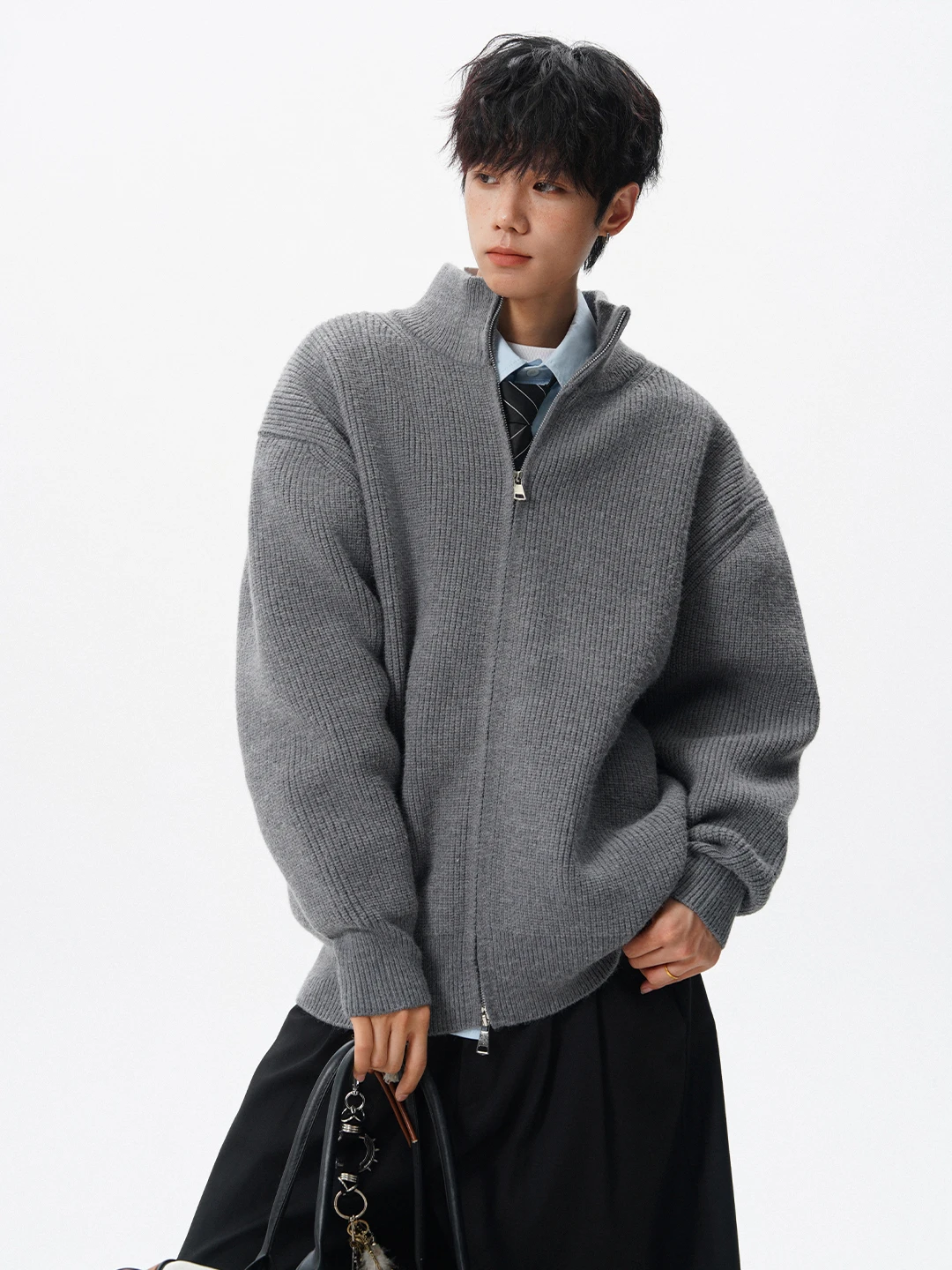 

Мужской утепленный кардиган с воротником-стойкой, свободный повседневный трикотажный свитер, осенне-зимняя верхняя одежда в стиле оверсайз