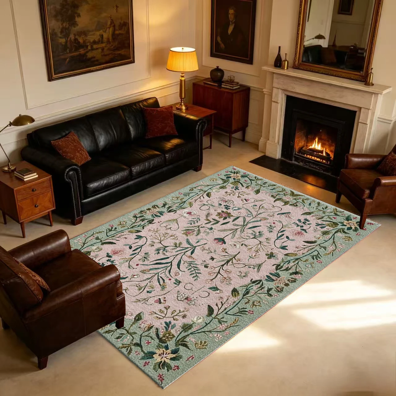 Pink Green Vintage Botanical Square Area Rug Delicate Winding Floral Printed Floor Carpet for Living Room Bedroom Home Decor