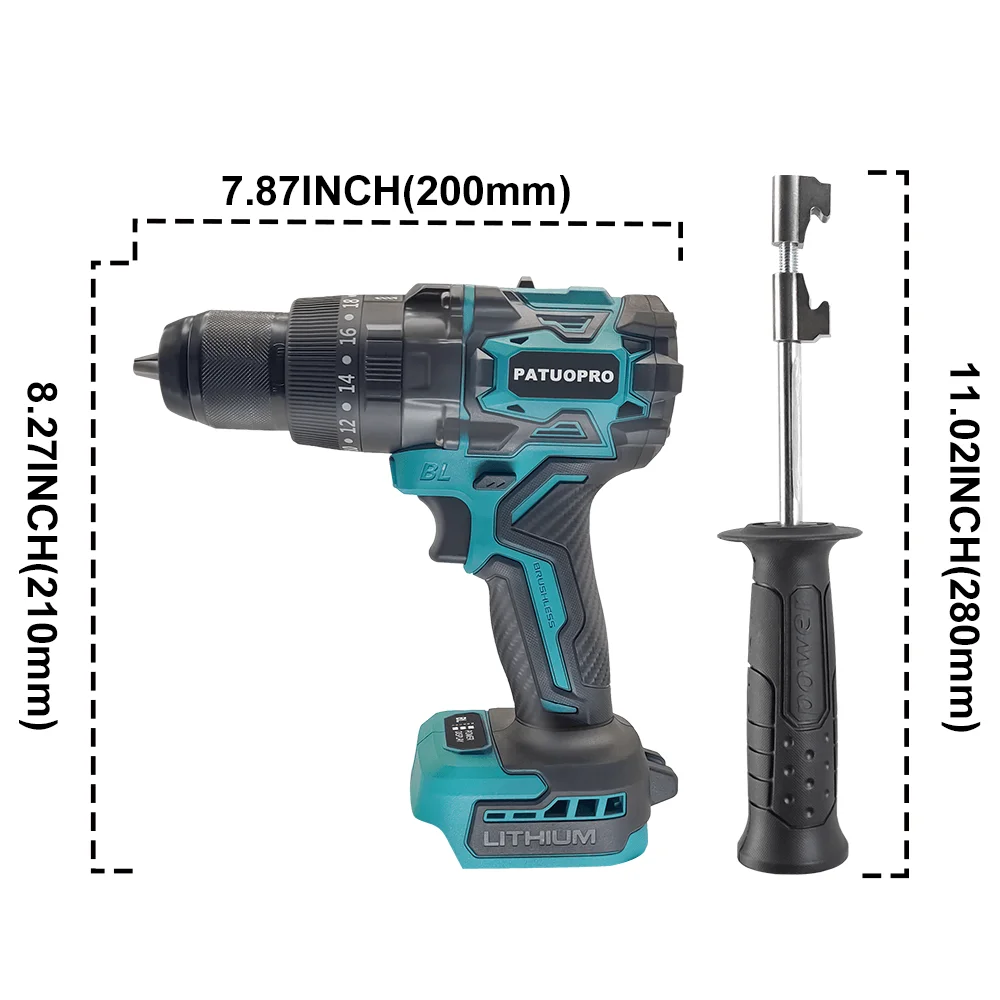 PATUOPRO 220N.m Brushless Electric Hammer Drill Cordless 13MM Hammer Drill 3 Functions Impact Drill Tools For Makita 18v Battery