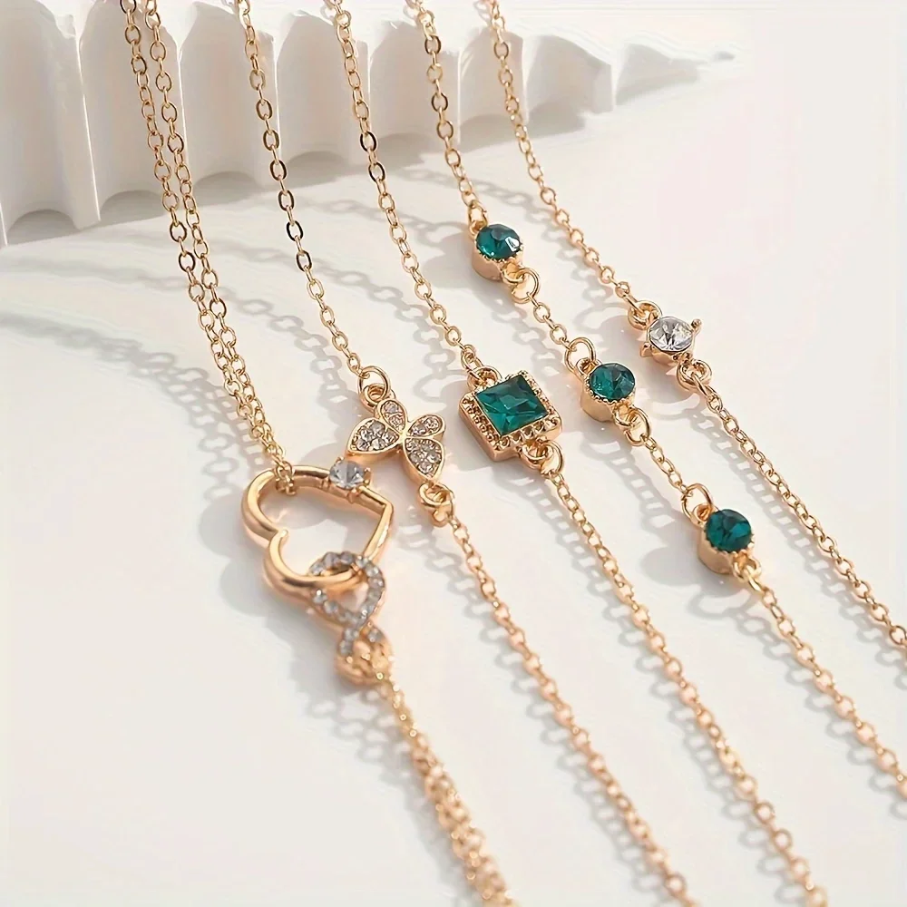 5Pcs Exquisite Rhinestone Butterfly Bracelet Fashion Multilayer Metal Chain Green Crystal Stone Bracelet Women's Wedding Jewelry image 3