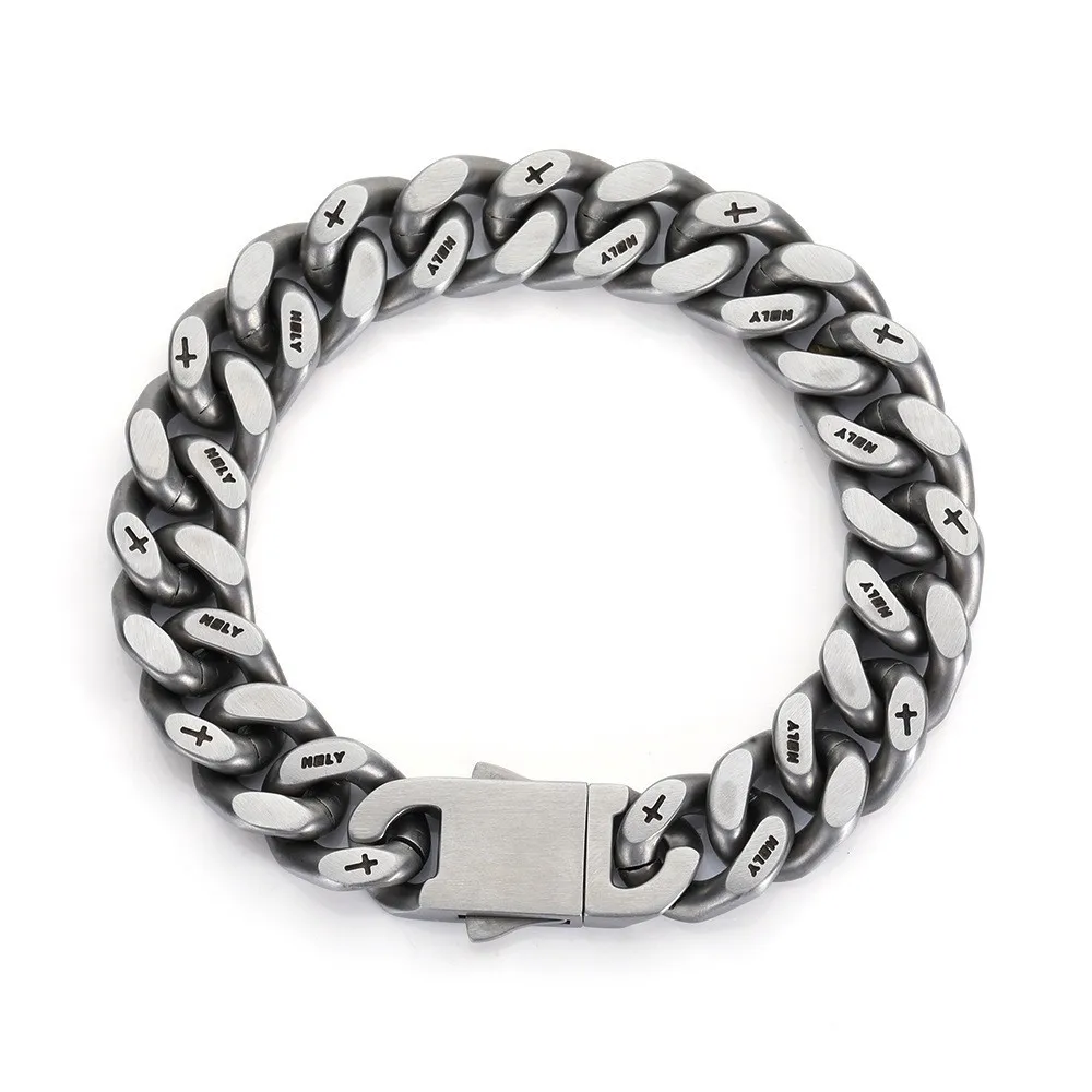 

Lettering Brushed Stainless Steel Cuban Bracelet Men's Hip-hop Titanium Steel Men's Bracelet Does Not Fade