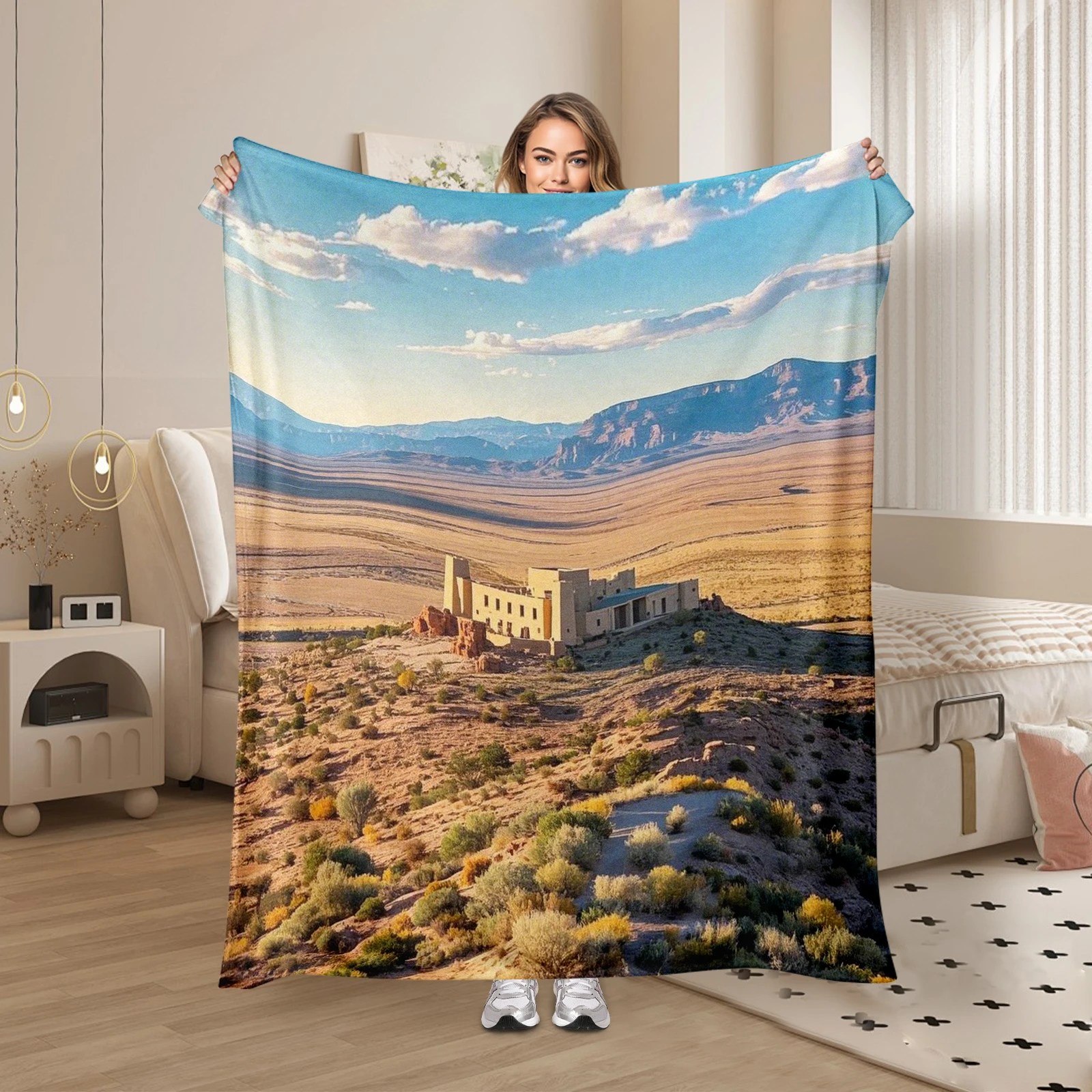 Warm Flannel Throw Inspired By Us Desert Scenery, Merging Nature With Architecture For Loved Ones.