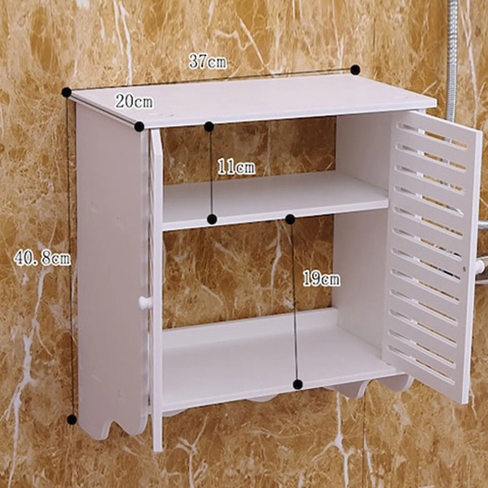 Gabinete de almacenamiento blanco de 2 niveles montado en la pared con ganchos, material plástico y madera duradero para organización de baño y cocina