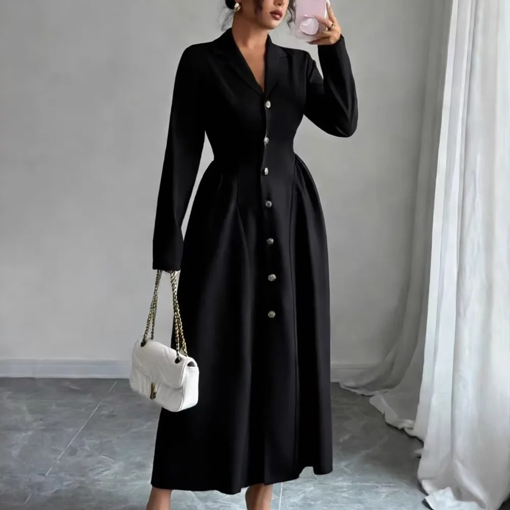 Elegant Women's Fashion Black Long Sleeve Long Dress Autumn Winter Deep V-neck Single Breasted Casual Office Lady Dresses Robe