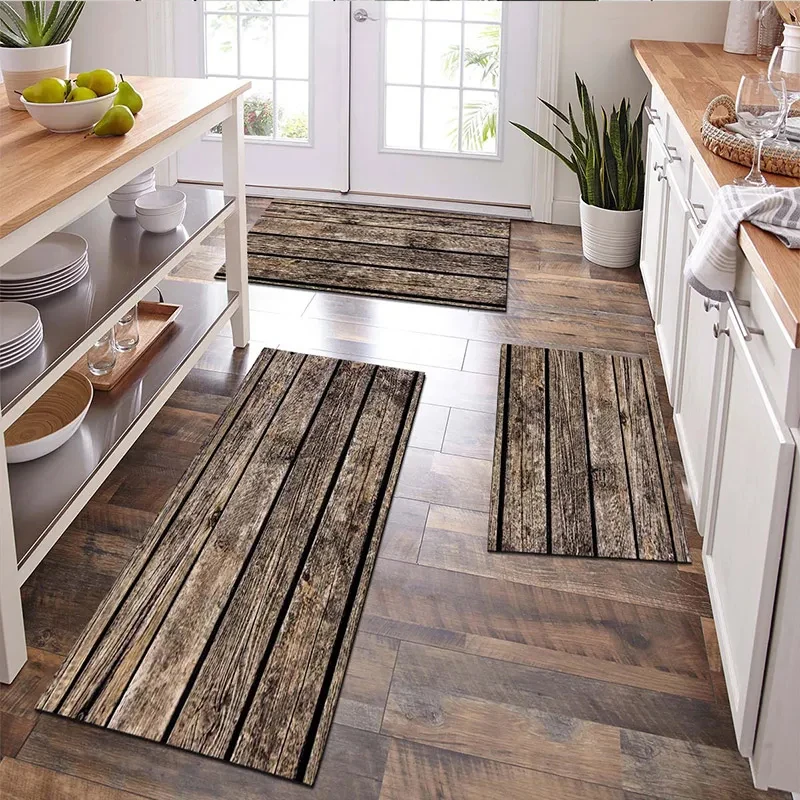 VIKAMA Vintage-Küchenteppich mit Holzmaserung, rustikaler Stil, rutschfeste und verschleißfeste Matte, Schlafzimmer-Eingangstürmatte, Heimdekoration