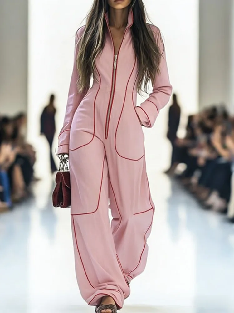 

Женский розовый комбинезон с воротником-стойкой, на молнии, с длинными рукавами, контрастной строчкой и широкими штанинами, для уличной моды, вечеринок и праздников