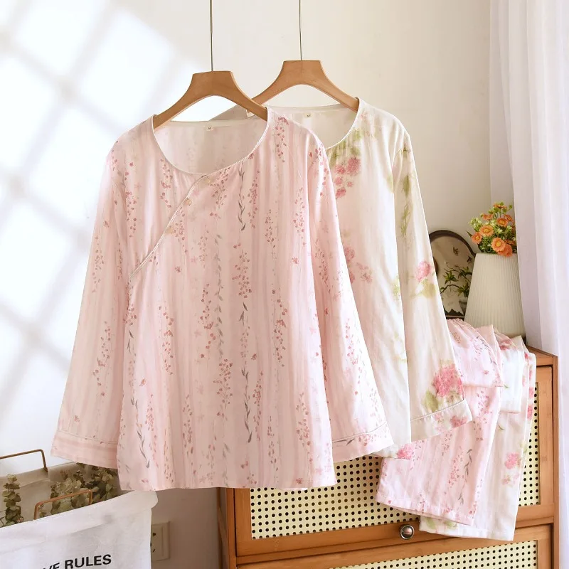 

2025 Новый весенне-осенний женский пижамный комплект из 100% хлопка и марли с круглым вырезом в древнем стиле, комплект домашней одежды из двух предметов с длинными рукавами