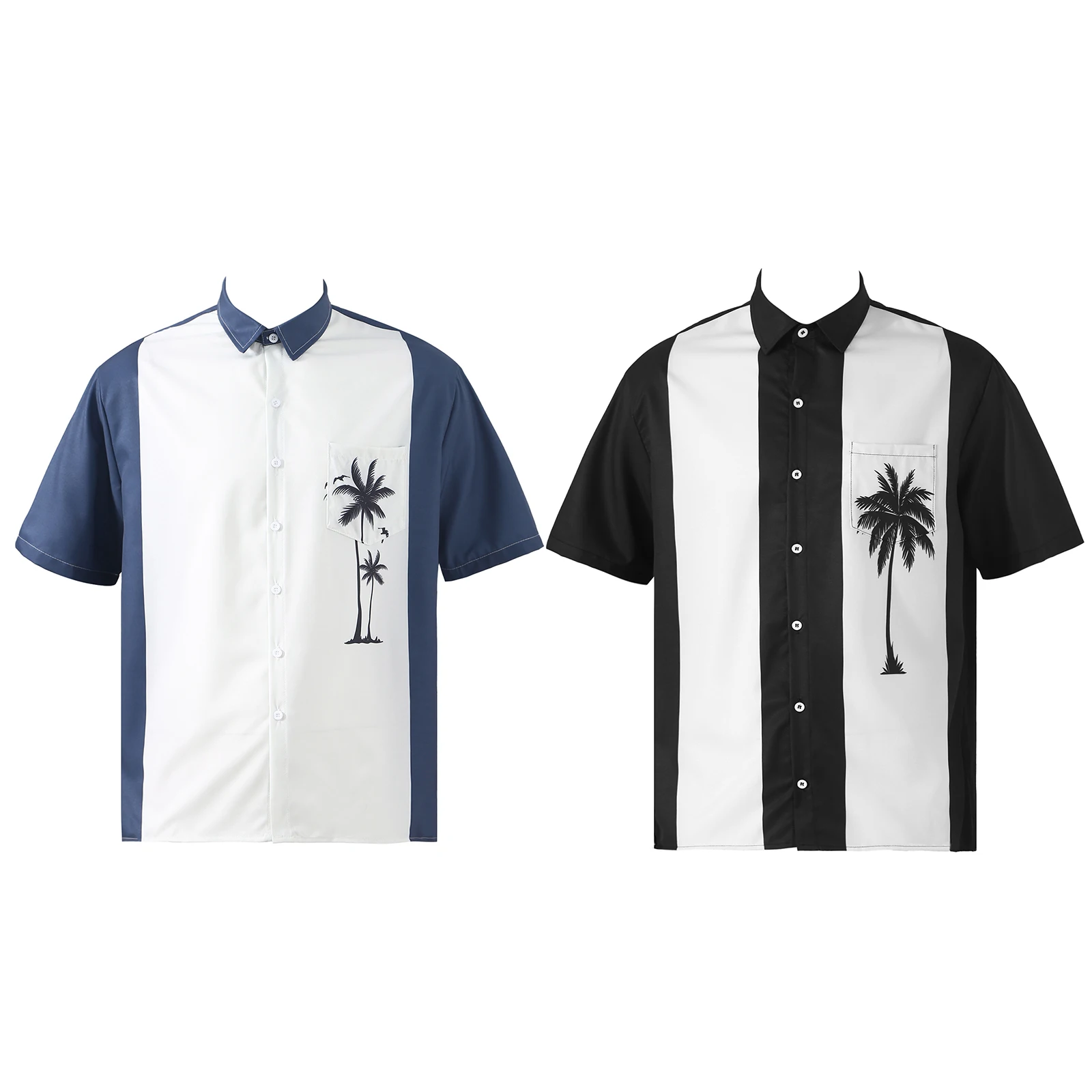 

#M-4XL Men Turn-Down Collar Casual Color Contrast Shirt Coconut Palm Printing Short Sleeve Button Tops Holiday Beach Costume