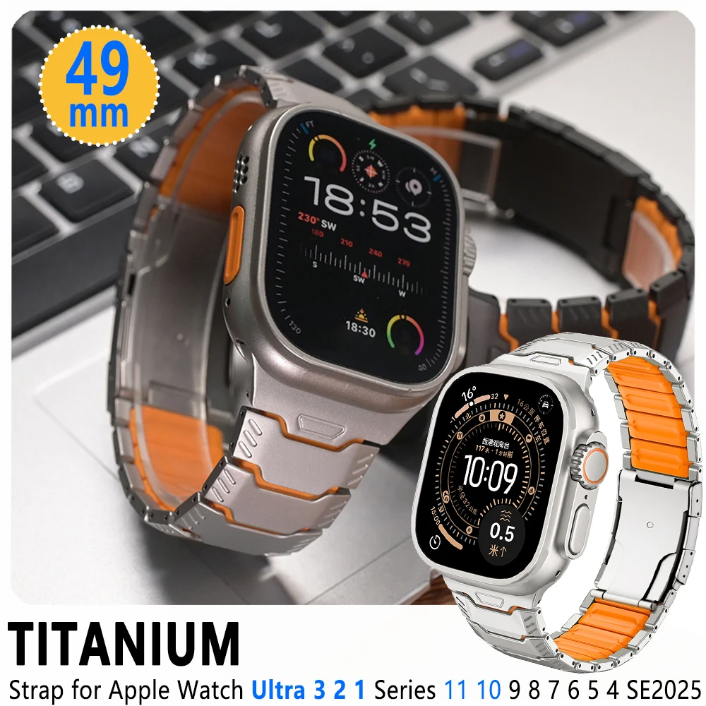 

Титановый ремешок для Apple Watch Ultra 3 2 49 мм, резиновый ремешок для Iwatch 9 8 7 45 мм, 6 5 4 SE 5 44 мм, мужской браслет