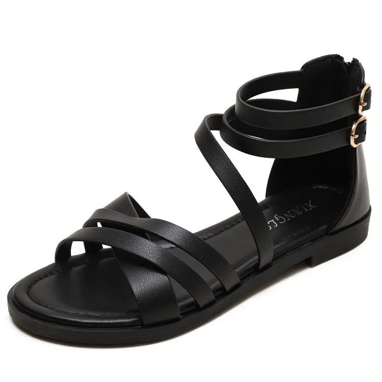 New Fashion Women Sandals Summer Plus Size Simplicity Low Heel Flat Sandals Women Cross Straps Women Fashion Zip Roman