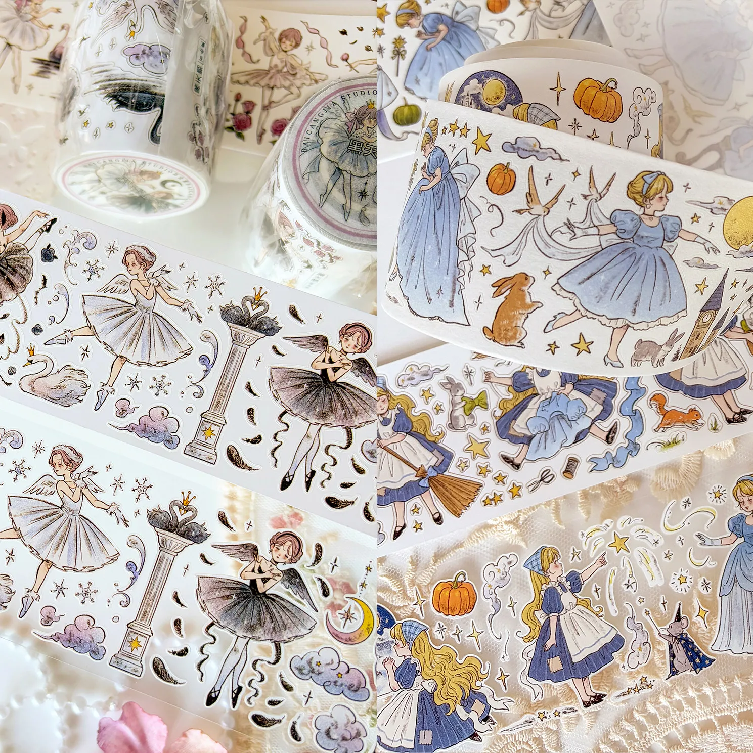 

Washi Pet Tape Roll New Pre Cut Little Character Cinderella Black Swan Journal Sticker Cute Versatile Fairy Tale