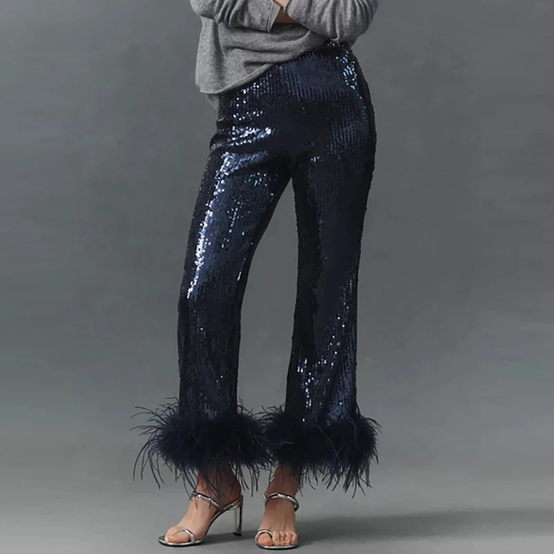 

Модные блестящие брюки с пайетками и перьями, весна-лето, новинка, с высокой талией, широкие штанины, элегантные, однотонные, с карманами