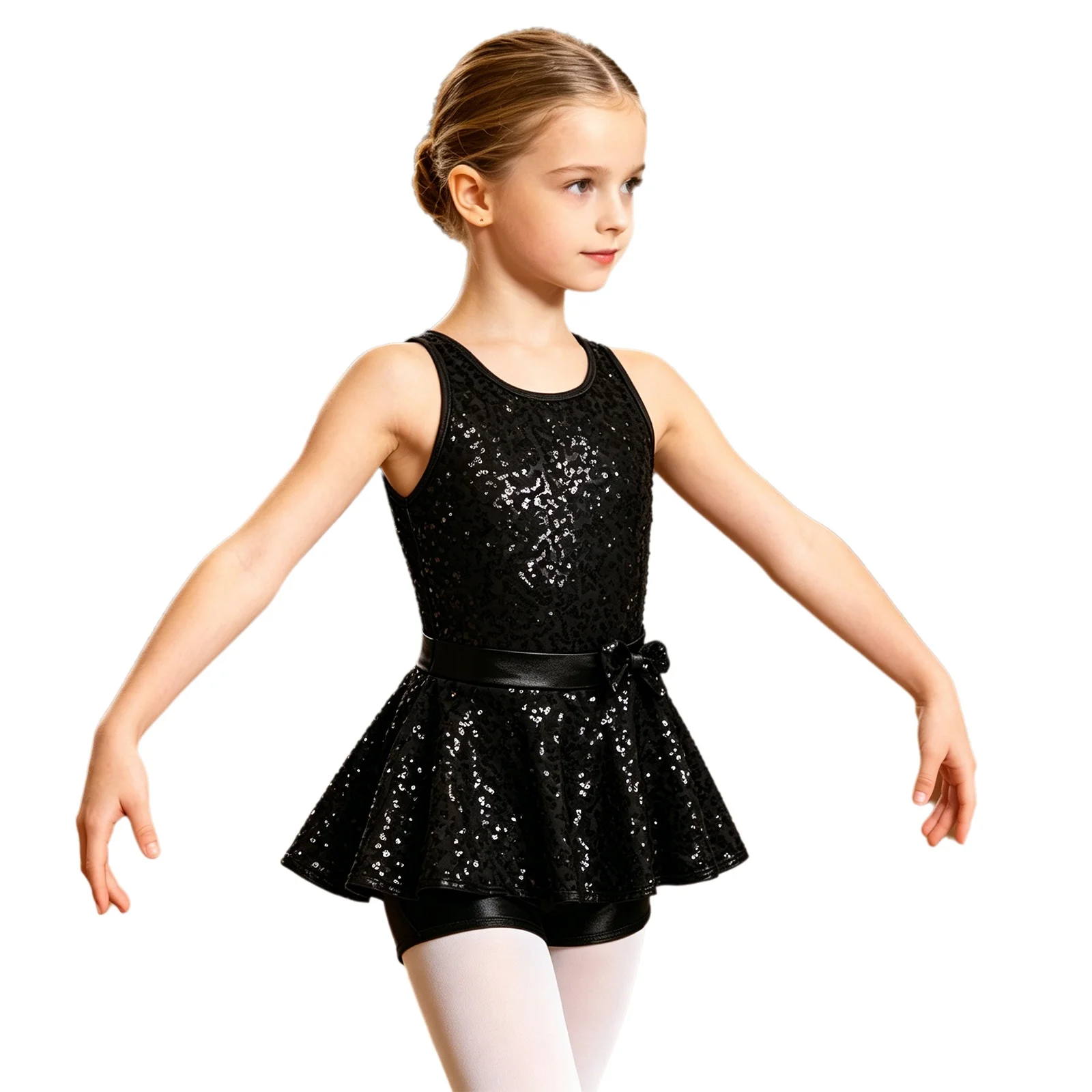 Kinder Mädchen Jazz Modern Tap Dancewear Pailletten Criss Cross Zurück Taille Bowknot Gymnastic Ballett Lyrical Modern Dance Trikot Kleid – Detail 27