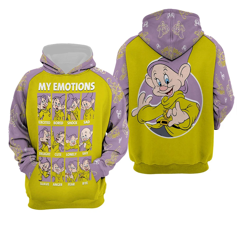 Dopey My Emotions Disney 3D Hoodie Zipper Hoodie 3D Full Print Hoodie Suitable for Children and Adults Autumn/Winter Clothing