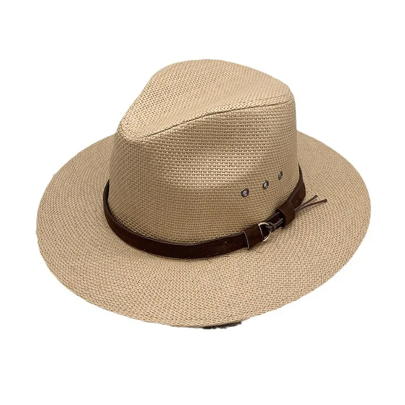 Men's and women's warp knitted wide-brimmed satin file summer literary straw hat outdoor seaside western cowboy hat