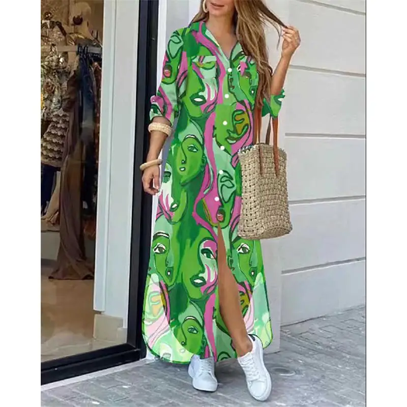 Faionable طويل Sve طباعة طوق Dr المرأة فضفاضة عارضة طويلة Dr Commute Sle عالية الخصر الترا لينة الكتان القطن B...