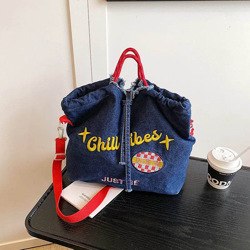 

Casual Embroidery Women Denim Shoulder Bags Large Capacity Ladies Commuter Tote Handbags Students Girls Drawstring Crossbody Bag