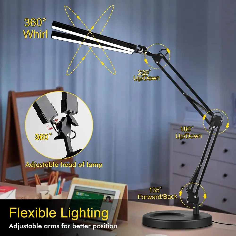 LED-bureaulamp met twee koppen, 24 W verstelbaar zwenkarmlicht, klembasis, 3 kleurmodi en 10 dimniveaus voor thuiskantoor en studeerkamer