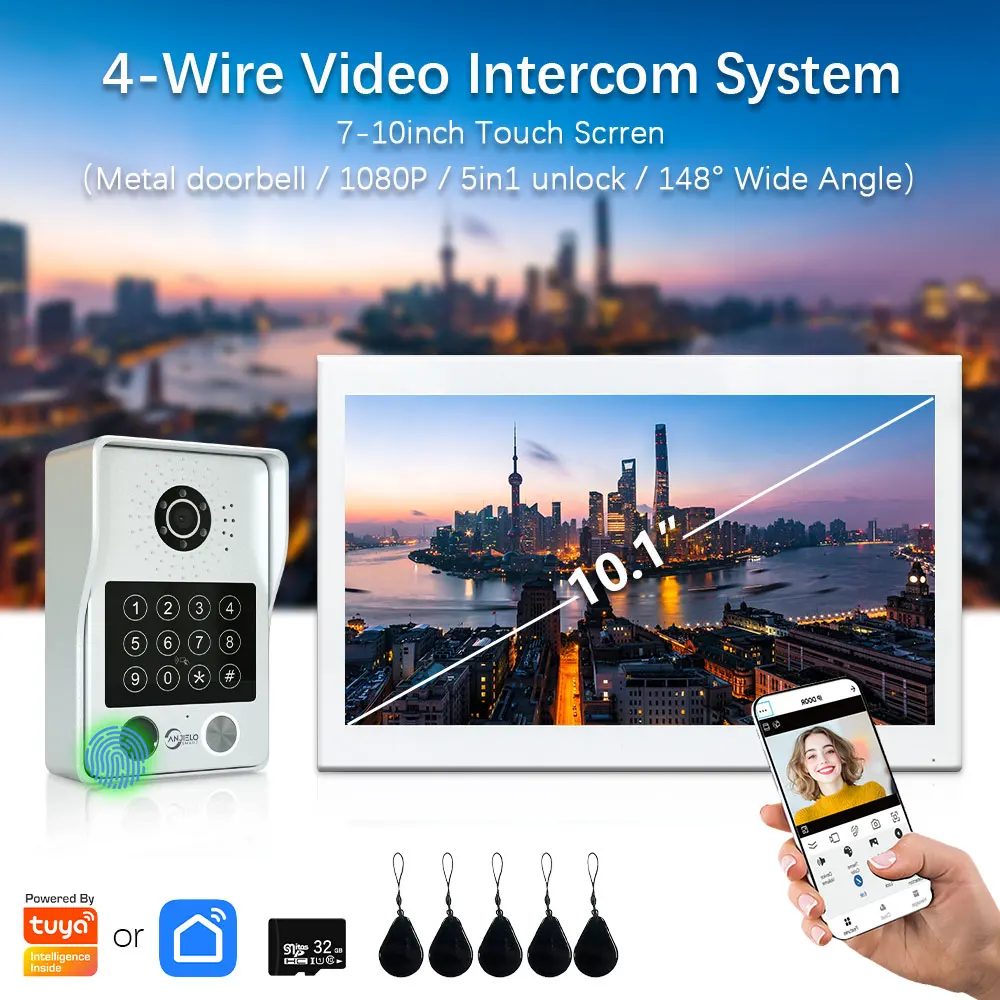 ANJIELO 指紋認証 5in1 ロック解除 Tuya スマートビジュアル電話ビデオインターホンシステムビデオドアベルカメラモーション検出器付き 1080P