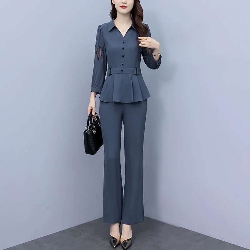 Women\'s Pants Set Spring Fall 2024 New Fashion Embroidery Oversized Hollow Out Elegant Office Lady 2 Piece Dress Pant Suit LU101