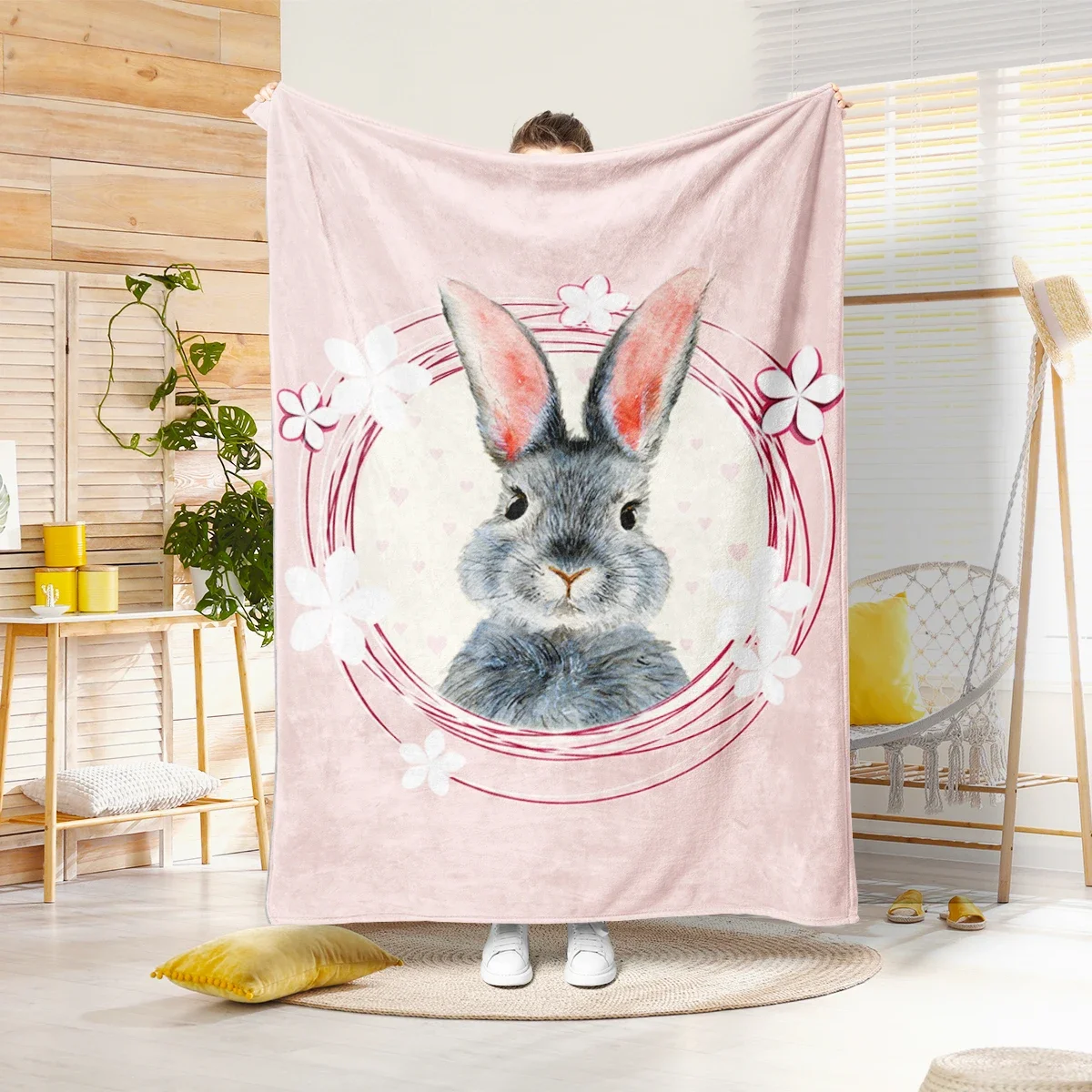

1 piece of double-sided flannel cute pink rabbit digital printing sofa air conditioning cover blanket camping blanket