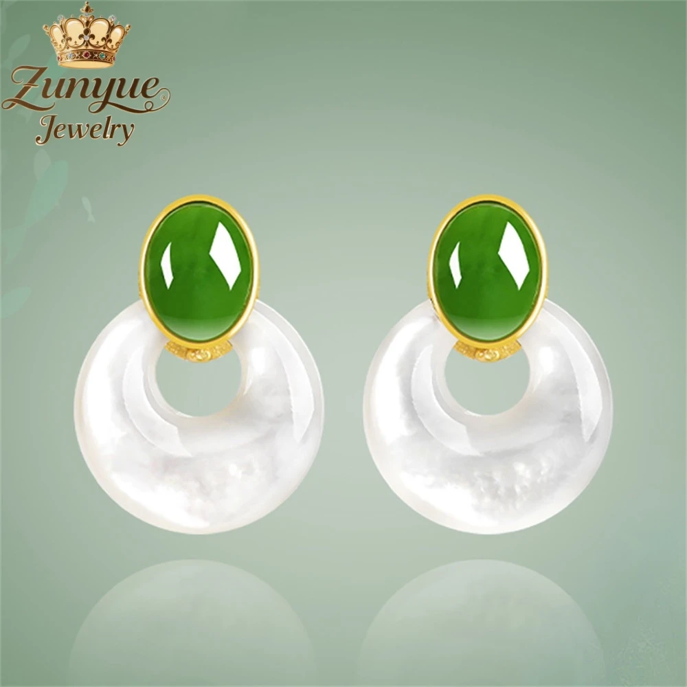 

S925 Silver Inlaid With Natural Hetian Jasper And White Mother-Of-Pearl Ear Studs Luxury Quality Fashion Jewelry Exquisite Young