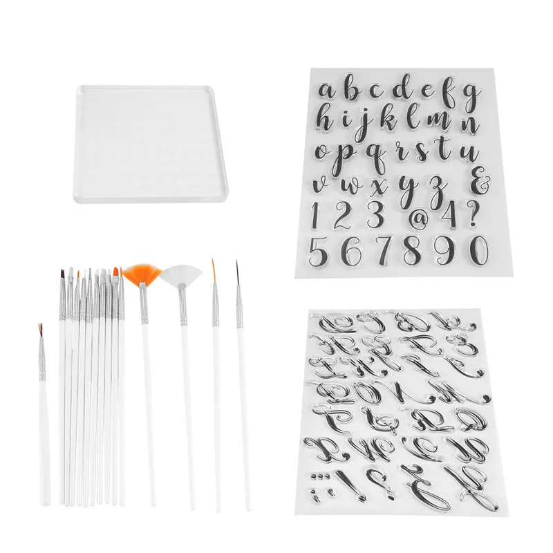 クッキーツール アルファベットケーキスタンプツール、デコレーションブラシ付きレターフォンダンスタンプ、数字フォンダンモールド