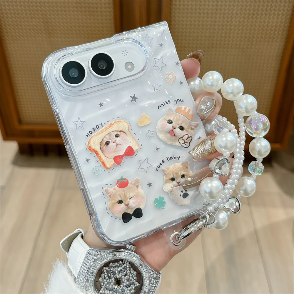 Cute Pet Cat Dog Sticker Print Phone Case For iPhone Duo Fold Water‑Ripple Shell Pearl Bead Shockproof Hard Cover For Girls