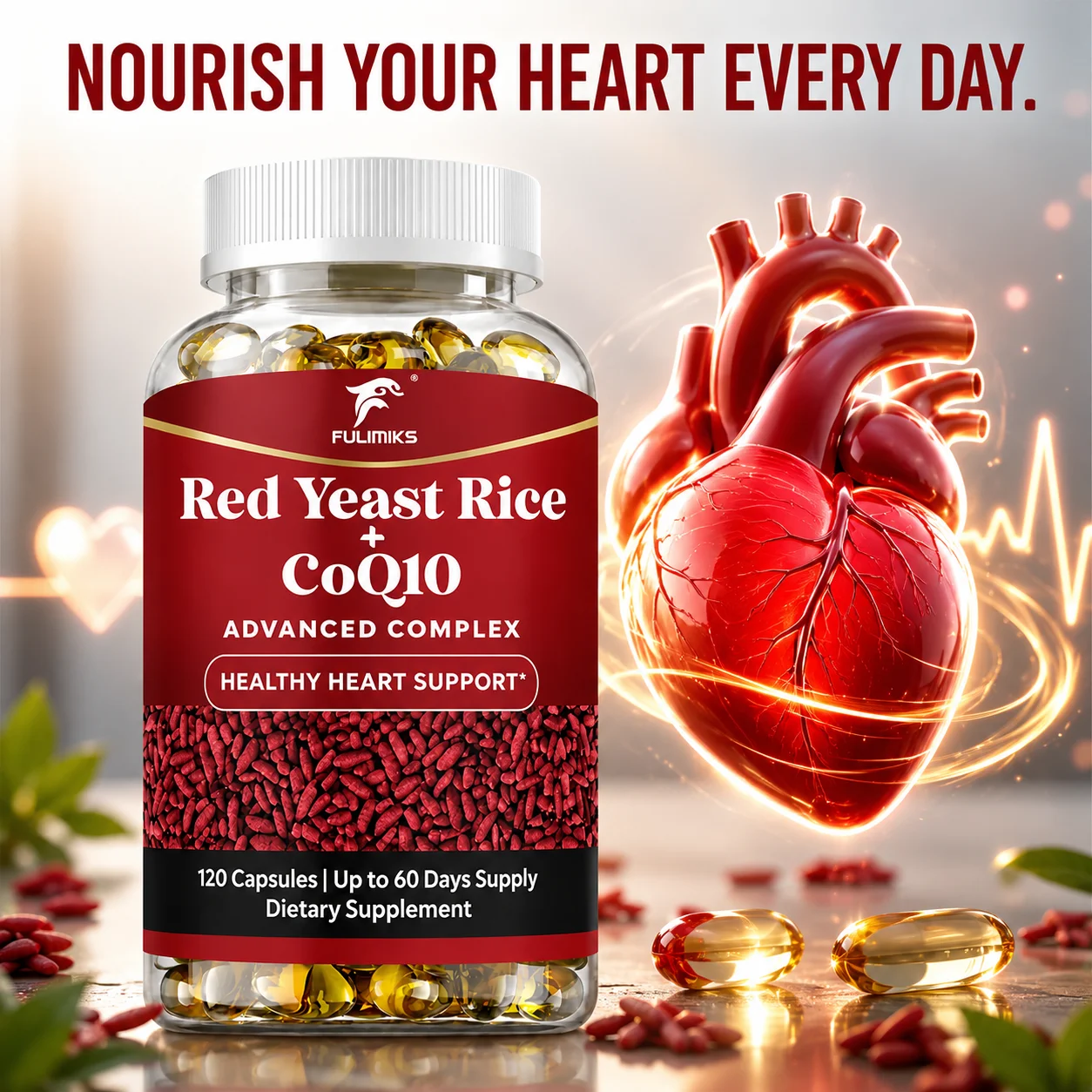 Red Yeast Rice with CoQ10 Supplement, Support Healthy Cholesterol Levels, Cellular Energy Production, Heart & Blood Sugar Health