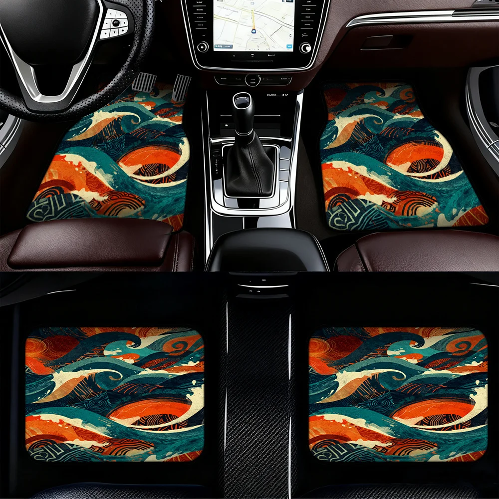 Set Of 4 Car Floor Mats Featuring An Easy-To-Clean Design And An Abstract Ocean Tribal Wave Pattern, Perfect For Trucks Or Cross