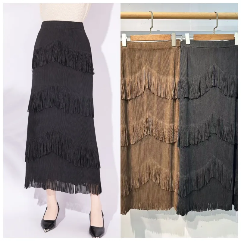 Miyake Pleated Skirt Four-Layer V-Shaped Tassels Jupe High-Waisted Slimming Commuter Versatile Skirt New Summer 2026 Design