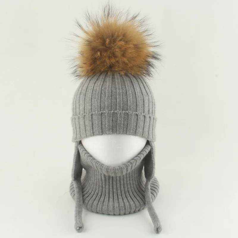 2 pcs set New Children's Autumn Winter Raccoon Fur Ball Knitted Hat Scarf Warm Ear Protection Hats and neck warmer for kids