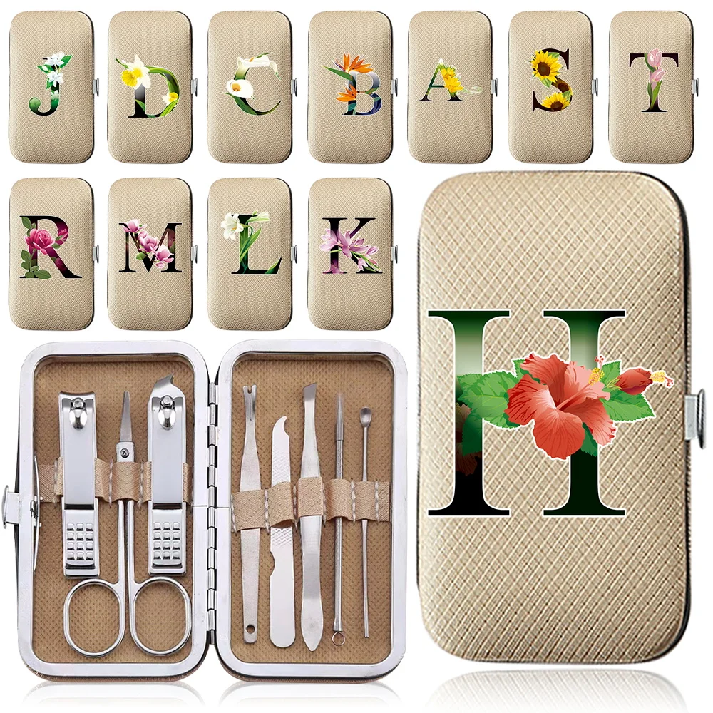 

8Pcs Nail Clippers Manicure Set Case Nail Scissors Beauty Pedicure Tool Portable Organize Travel Kit Flower Color Letter Pattern