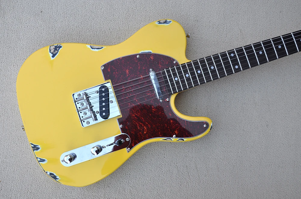 6 Strings Relic Yellow Electric Guitar with Rosewood Fretboard,22 Frets,Can be Customized