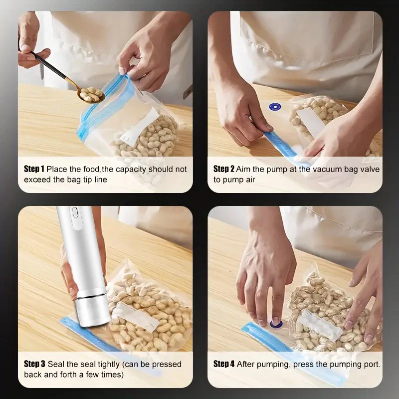 ถุงซีลสูญญากาศ 5 ถุง + เครื่องซีลสูญญากาศไฟฟ้า 1 ใบ + คลิป 1 ใบ, ถุงเก็บอาหารที่ทนทานแบบใช้ซ้ําได้, ถุงเก็บอาหารเกรดใส