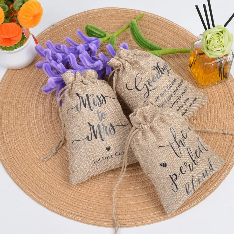 50pcs/lot 10*15cm Letters Printing Linen Pouches Drawstring Bag Bridal Wedding Birthday Party Gift Packaging Bags