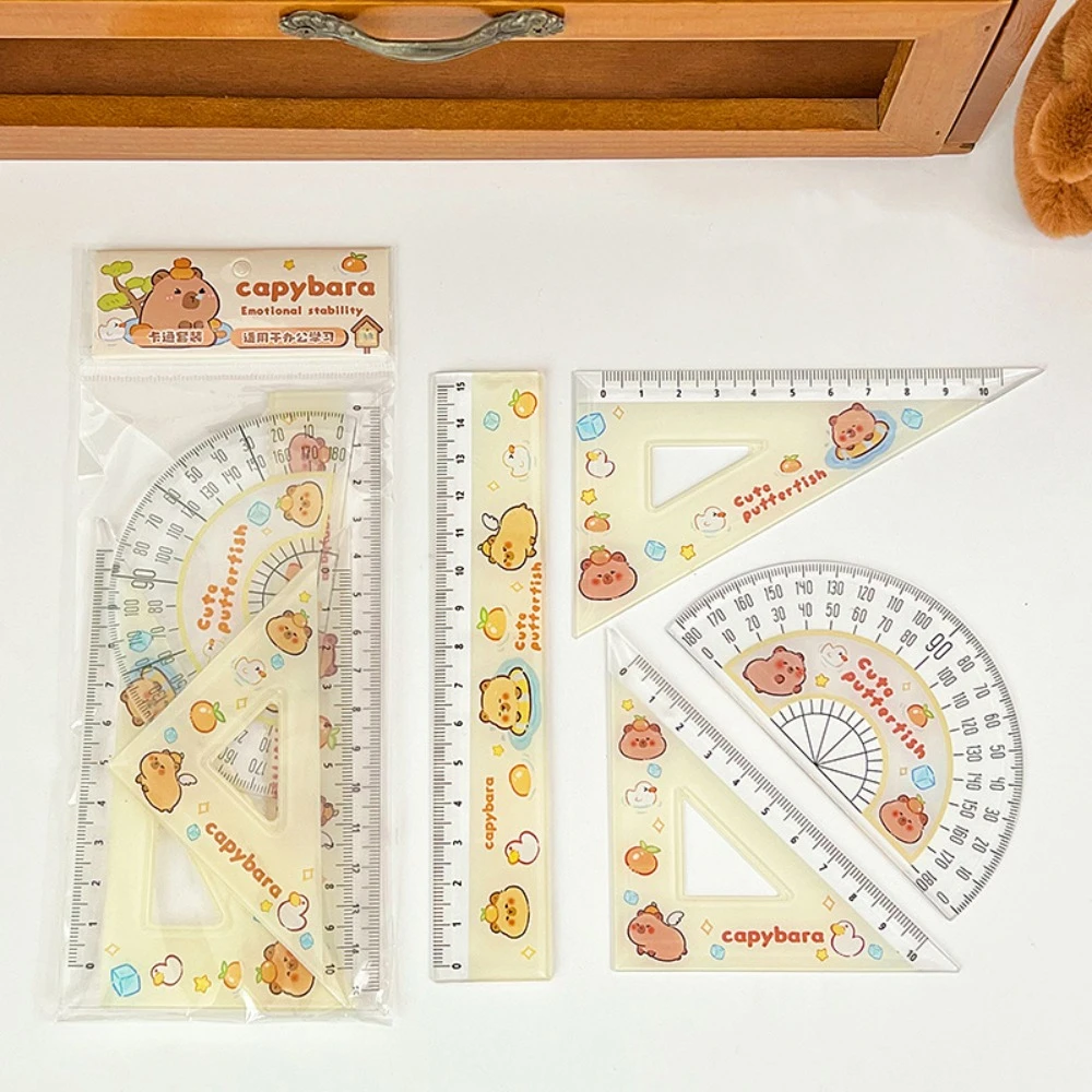 1 Set Cartoon Plastic Capybara Metric Ruler Triangle Ruler Protractor Plastic Ruler Straightedge Measuring Tool Student