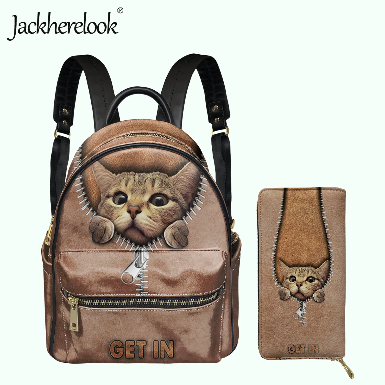 

Jackherelook 2Pcs/Set PU Lether Backpack With Wallet Cute 3D Cats Printing Women School Bag Female Book Bag Set for Ladies 2022