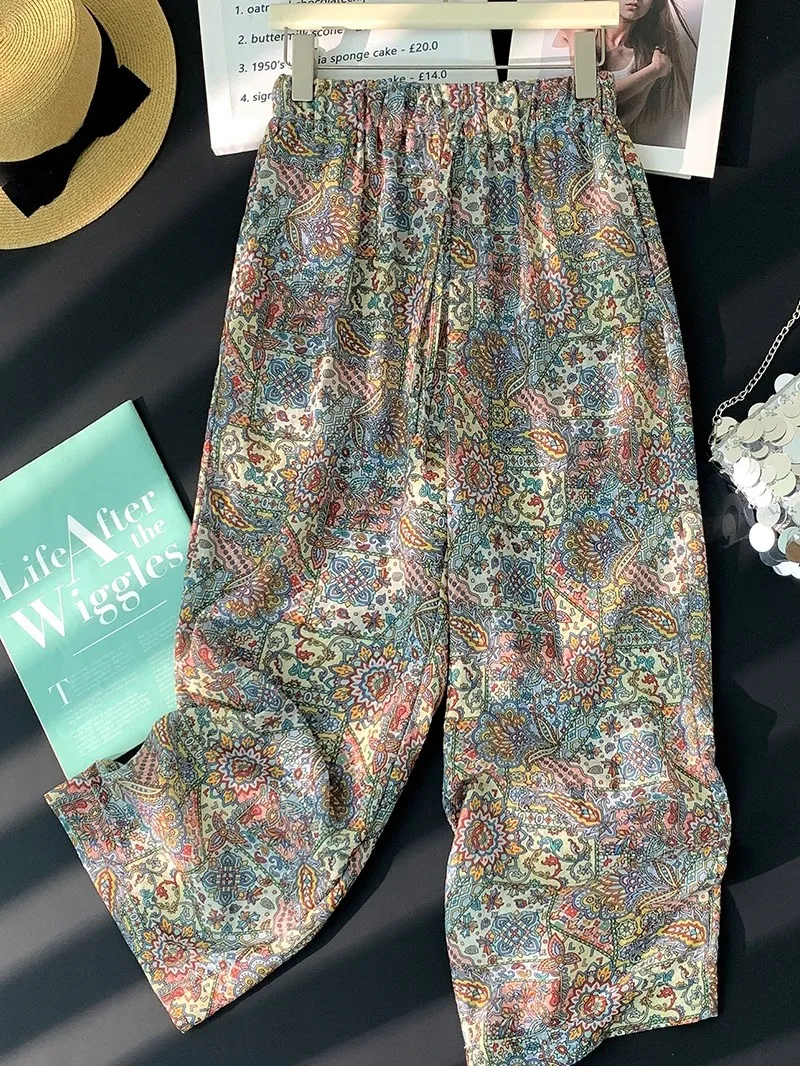 Trendy Ethnic Style Wide Leg Pants Women's Summer Autumn Loose Casual Straight Cut Long Trousers Draping Print Loose Fit