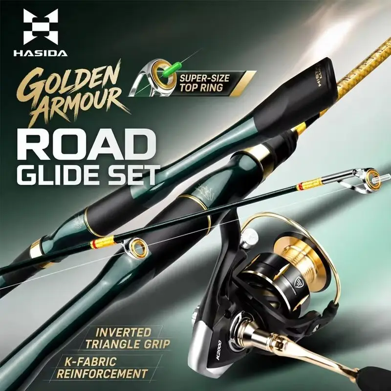New HASIDA Golden Armor Slip Drift Lure Rod Spinning Reel Set Triangular Handle Large Guide Ring Long Casting Fishing Anglers