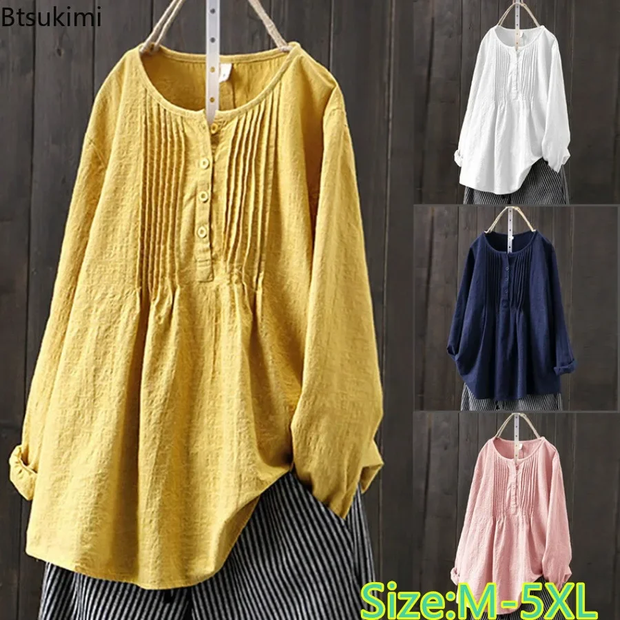 

2025 Korean Style Temperament Blouse for Women Fashion O-neck Pleated Long-sleeved Casual Shirts Females Loose Cotton Linen Tops