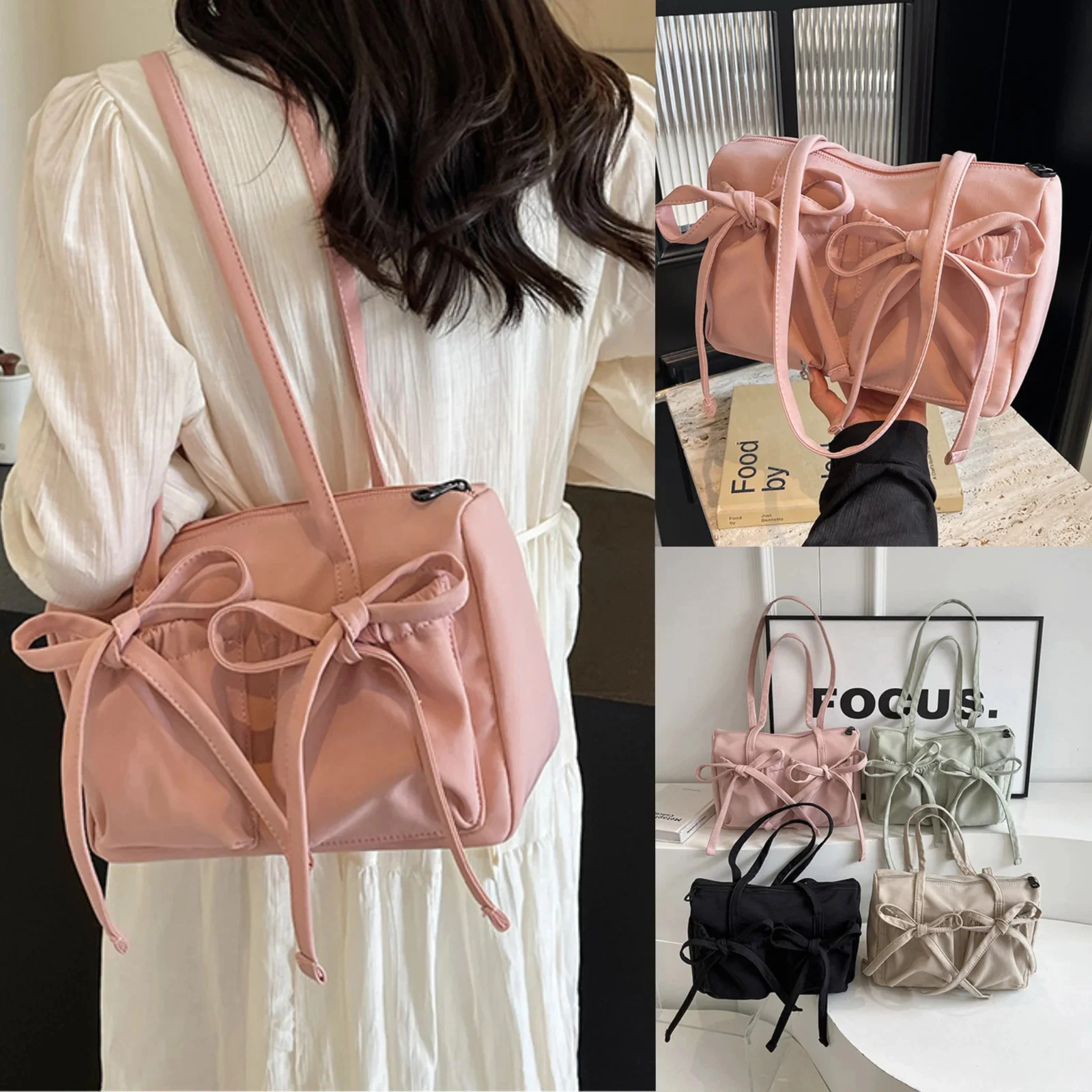 2024 New Korean Bow Nylon Shoulder Bag Design Tote Bag Travel Bag Solid Color Soft Large Capacity Commuter Women's Handbag