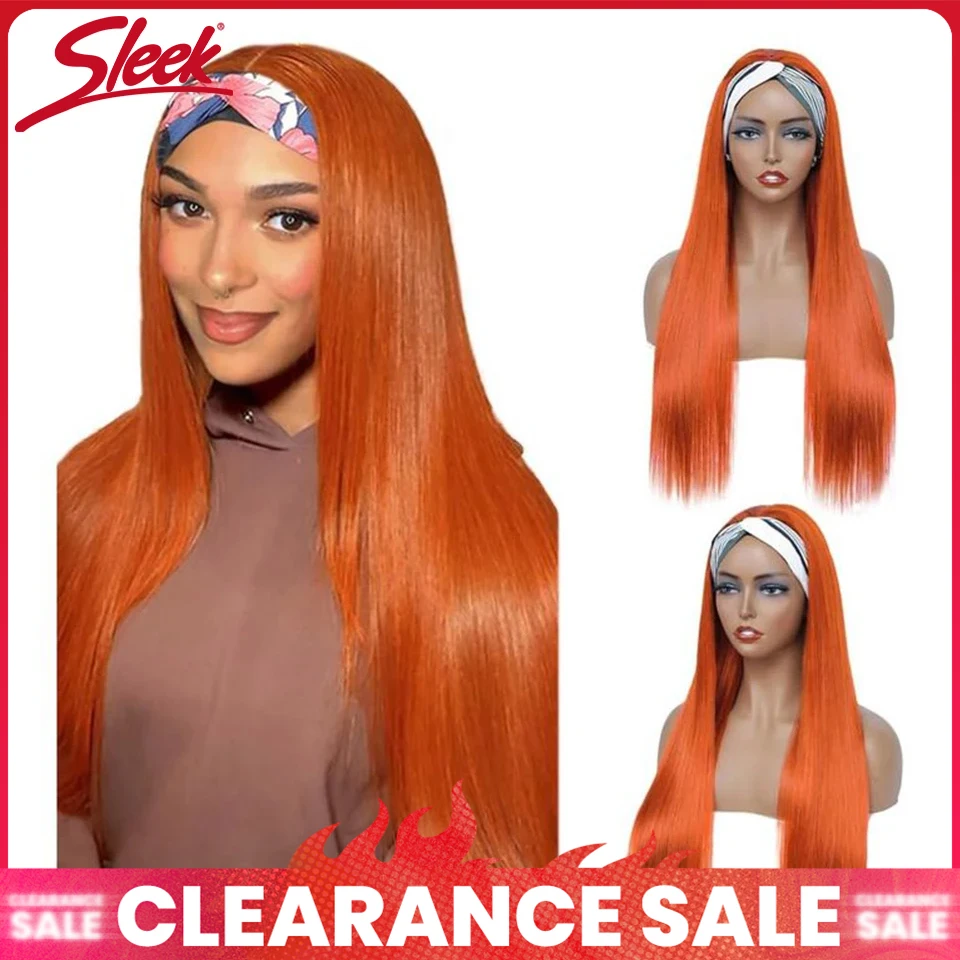 

Парик с повязкой на голову, прямые парики из натуральных волос, рыжий оранжевый распродажа, полный машинный парик, бесклеевой, плотность 180%